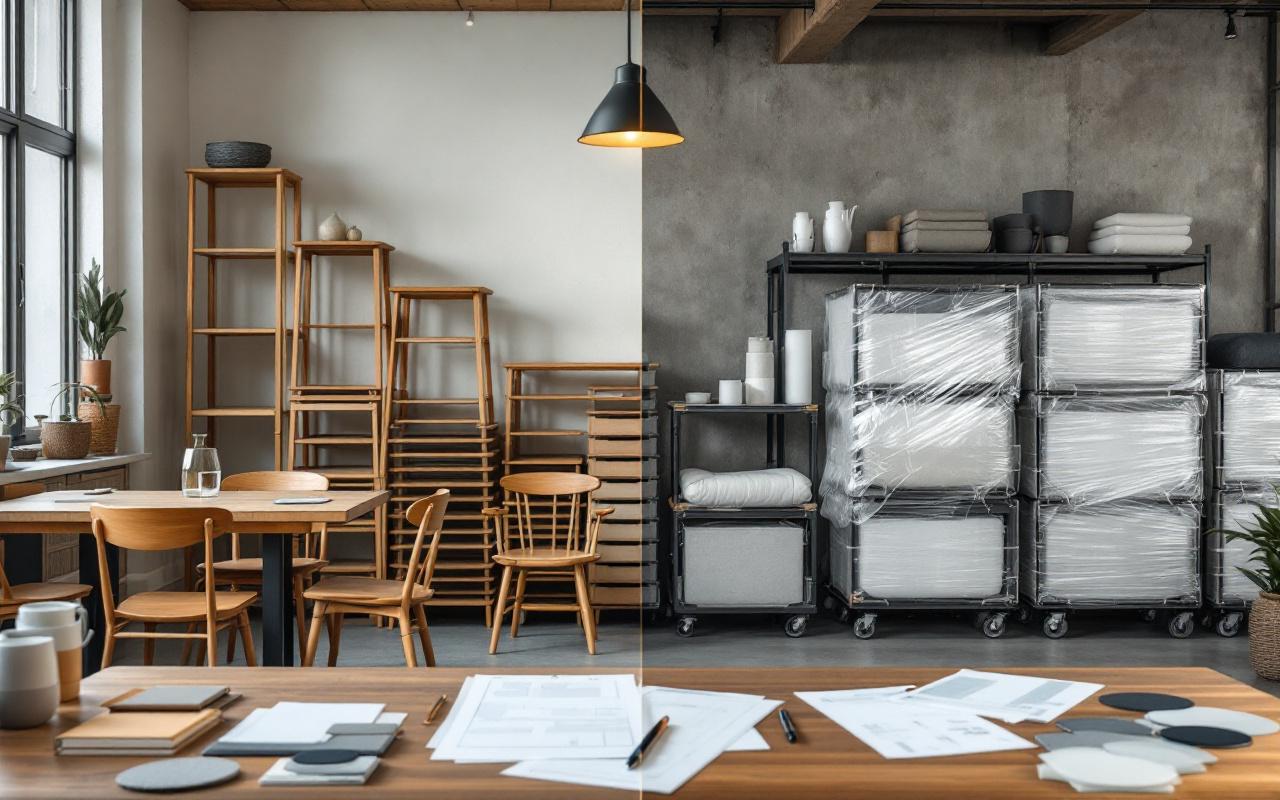 Comparaison visuelle entre l’achat et la location de mobilier de restaurant, avec un bureau présentant des plans, des devis et des échantillons de tissus.