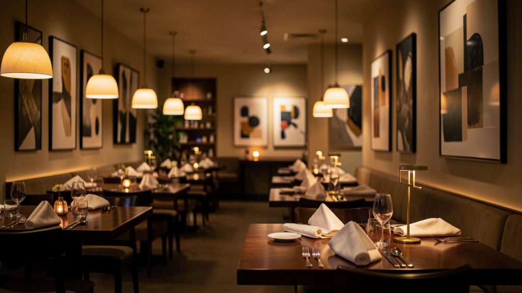 Salle de restaurant élégante avec éclairage tamisé, tables en bois sombre, nappes en lin et décoration contemporaine, ambiance chaleureuse aux tons chauds.