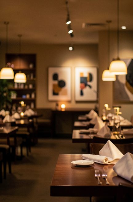 Salle de restaurant élégante avec éclairage tamisé, tables en bois sombre, nappes en lin et décoration contemporaine, ambiance chaleureuse aux tons chauds.