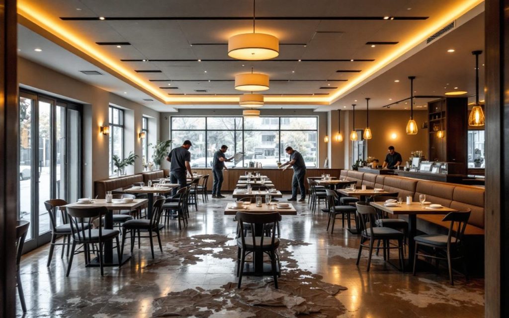 Salle de restaurant vide en préparation d’ouverture, tables et chaises installées avec une ambiance professionnelle, éclairage chaud et lumière naturelle réaliste.
