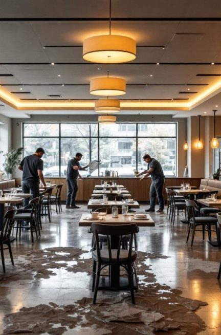 Salle de restaurant vide en préparation d’ouverture, tables et chaises installées avec une ambiance professionnelle, éclairage chaud et lumière naturelle réaliste.