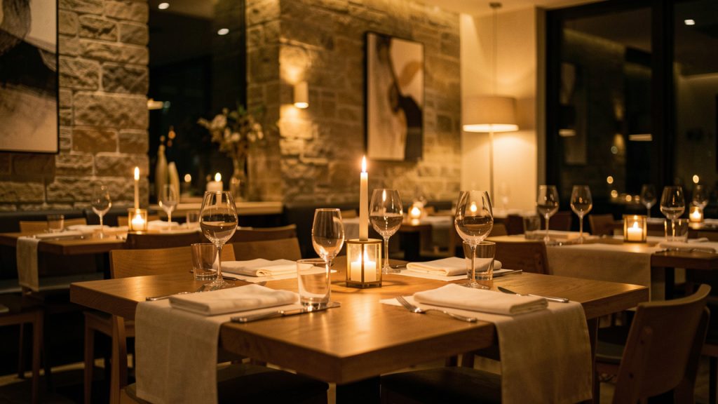 Salle de restaurant élégante et chaleureuse avec tables dressées en bois, serviettes en lin, bougies éclairées et éclairage tamisé, textures naturelles et décoration contemporaine soignée.