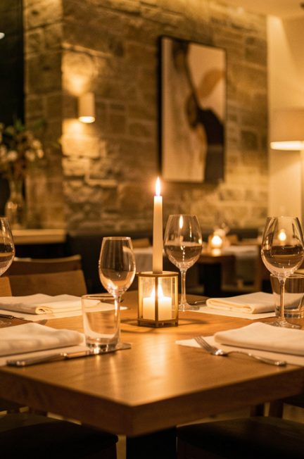 Salle de restaurant élégante et chaleureuse avec tables dressées en bois, serviettes en lin, bougies éclairées et éclairage tamisé, textures naturelles et décoration contemporaine soignée.