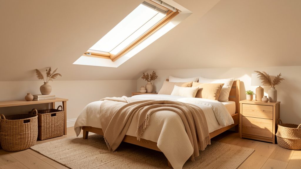 Chambre lumineuse aménagée dans des combles, avec mobilier bas en bois, textiles doux et fenêtre de toit.