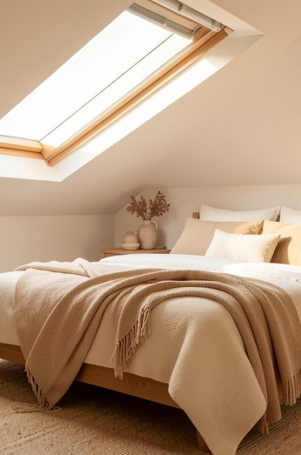 Chambre lumineuse aménagée dans des combles, avec mobilier bas en bois, textiles doux et fenêtre de toit.