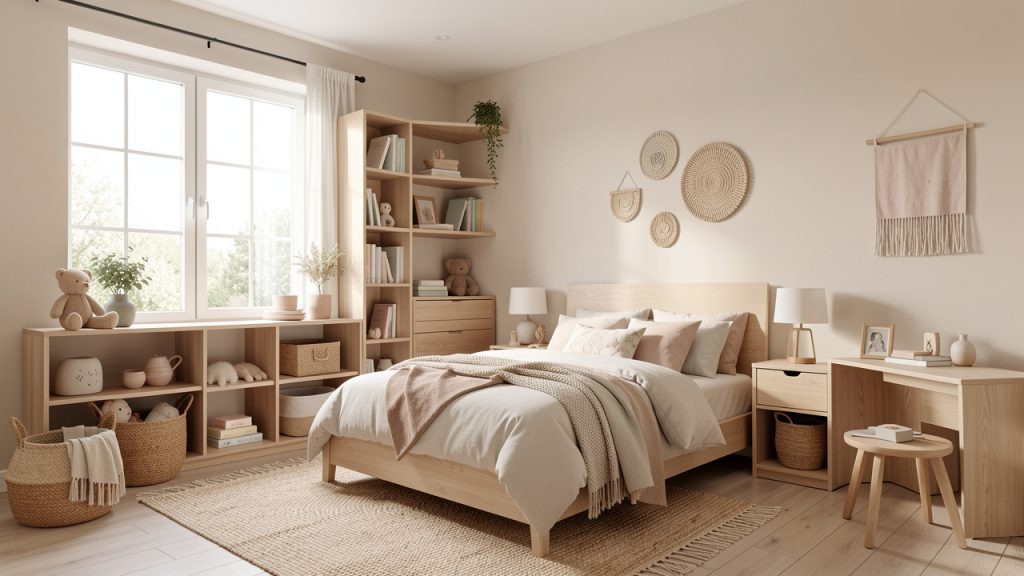 Chambre d’enfant lumineuse et élégante avec mobilier en bois clair, rangements pratiques, tons pastel doux et décoration contemporaine.