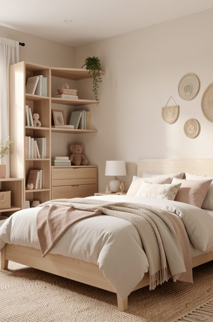 Chambre d’enfant lumineuse et élégante avec mobilier en bois clair, rangements pratiques, tons pastel doux et décoration contemporaine.