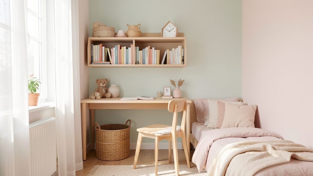 Chambre d’enfant étroite et lumineuse avec rangements muraux, petit bureau, meubles en bois clair et décoration scandinave dans des tons pastel.