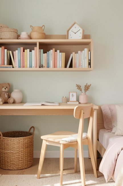 Chambre d’enfant étroite et lumineuse avec rangements muraux, petit bureau, meubles en bois clair et décoration scandinave dans des tons pastel.