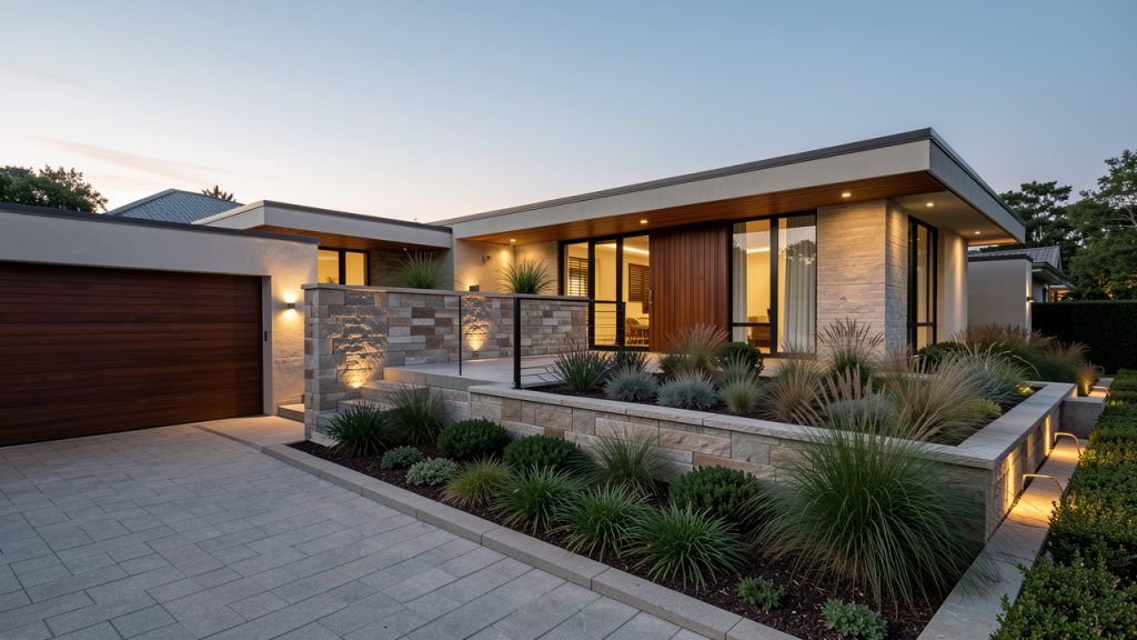 Façade d’une maison contemporaine avec une allée paysagée, des massifs végétaux, un éclairage discret et une terrasse harmonieuse.