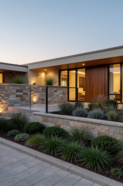 Façade d’une maison contemporaine avec une allée paysagée, des massifs végétaux, un éclairage discret et une terrasse harmonieuse.