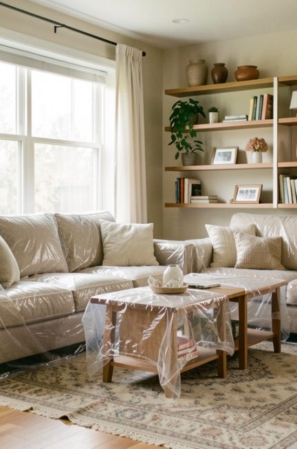 Salon lumineux après un dégât des eaux, avec meubles protégés, objets décoratifs mis à l’abri et déshumidificateur discret près du mur.