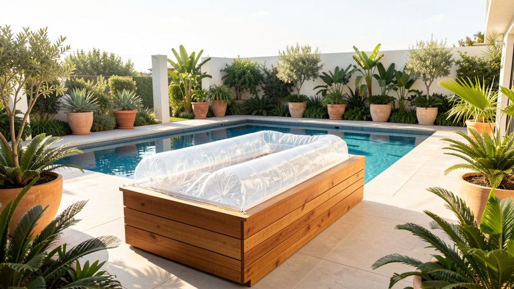 Terrasse de piscine contemporaine avec une bâche à bulles enroulée dans un coffre-banc bas en bois composite, entourée de végétation luxuriante et baignée de lumière.