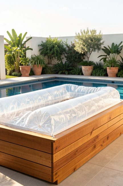 Terrasse de piscine contemporaine avec une bâche à bulles enroulée dans un coffre-banc bas en bois composite, entourée de végétation luxuriante et baignée de lumière.