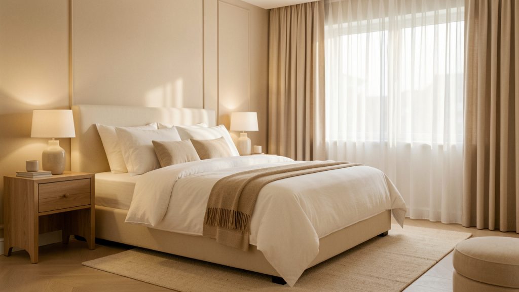Chambre élégante et apaisante dans des tons beige, avec un lit soigneusement préparé, des rideaux fermés et une lumière douce.