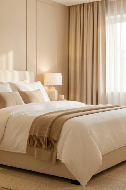 Chambre élégante et apaisante dans des tons beige, avec un lit soigneusement préparé, des rideaux fermés et une lumière douce.