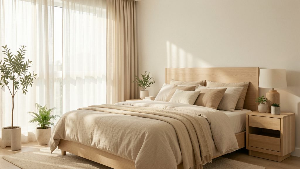 Chambre lumineuse et apaisante aux tons naturels, avec un lit confortable, des textiles doux et une décoration contemporaine.