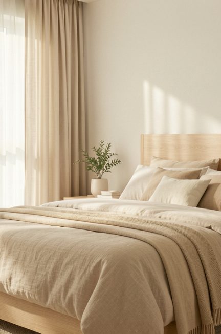 Chambre lumineuse et apaisante aux tons naturels, avec un lit confortable, des textiles doux et une décoration contemporaine.