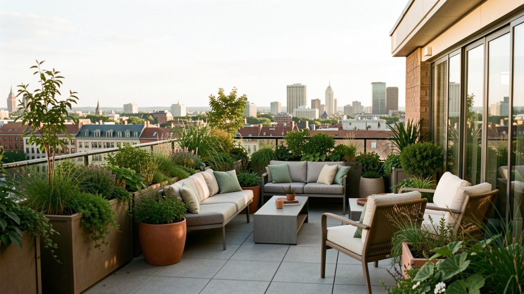Terrasse sur toit montréalaise élégante avec des plantes en bacs, du mobilier contemporain et une vue urbaine estivale.