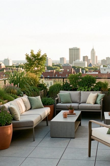 Terrasse sur toit montréalaise élégante avec des plantes en bacs, du mobilier contemporain et une vue urbaine estivale.