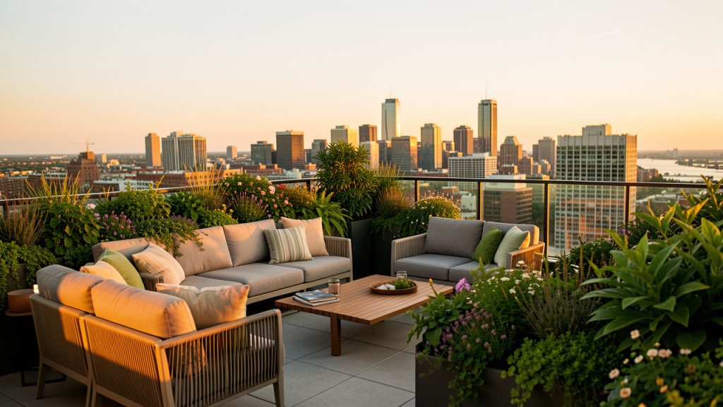 Toit-terrasse montréalais élégant avec mobilier extérieur, jardinières luxuriantes, éclairage doux et vue sur la ville en été.