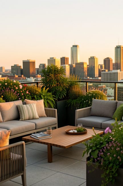 Toit-terrasse montréalais élégant avec mobilier extérieur, jardinières luxuriantes, éclairage doux et vue sur la ville en été.