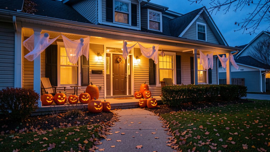 Façade d’une maison familiale décorée pour Halloween au crépuscule, avec des citrouilles lumineuses, des fantômes suspendus et une allée bien éclairée et sécurisée.