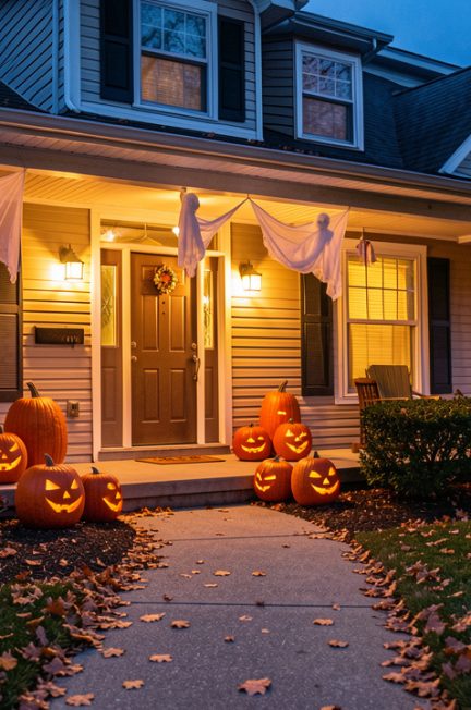 Façade d’une maison familiale décorée pour Halloween au crépuscule, avec des citrouilles lumineuses, des fantômes suspendus et une allée bien éclairée et sécurisée.