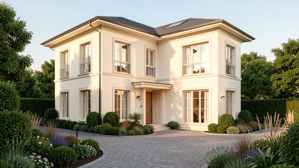 Maison élégante à façade claire, avec des menuiseries assorties, une allée paysagée et un jardin soigneusement entretenu sous une lumière douce.
