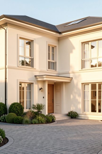 Maison élégante à façade claire, avec des menuiseries assorties, une allée paysagée et un jardin soigneusement entretenu sous une lumière douce.