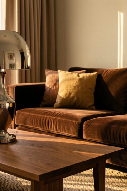 Salon contemporain chaleureux avec une lampe de table chromée, une table basse en noyer et un canapé en velours brun, baignés par une douce lumière de fin de journée.