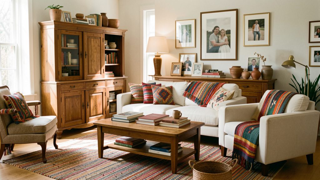 Salon lumineux et habité associant mobilier ancien et contemporain, textiles colorés, livres fermés, objets décoratifs et détails personnels dans une ambiance chaleureuse.