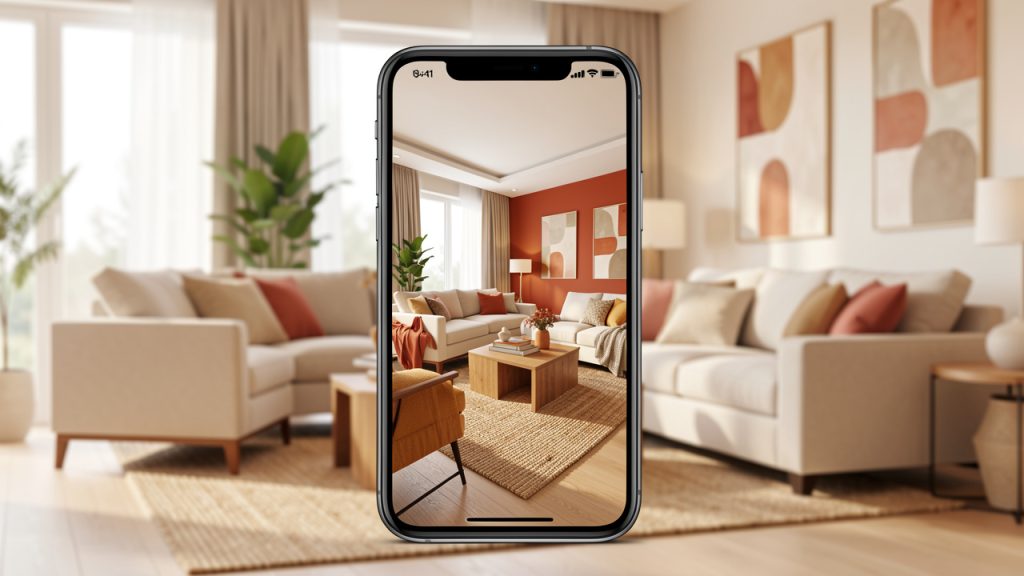 Salon lumineux photographié de face, avec un smartphone au premier plan affichant une simulation visuelle de décoration intérieure générée par intelligence artificielle.