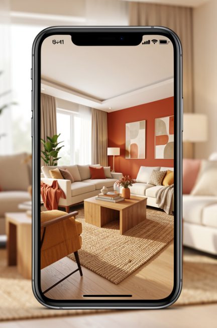 Salon lumineux photographié de face, avec un smartphone au premier plan affichant une simulation visuelle de décoration intérieure générée par intelligence artificielle.