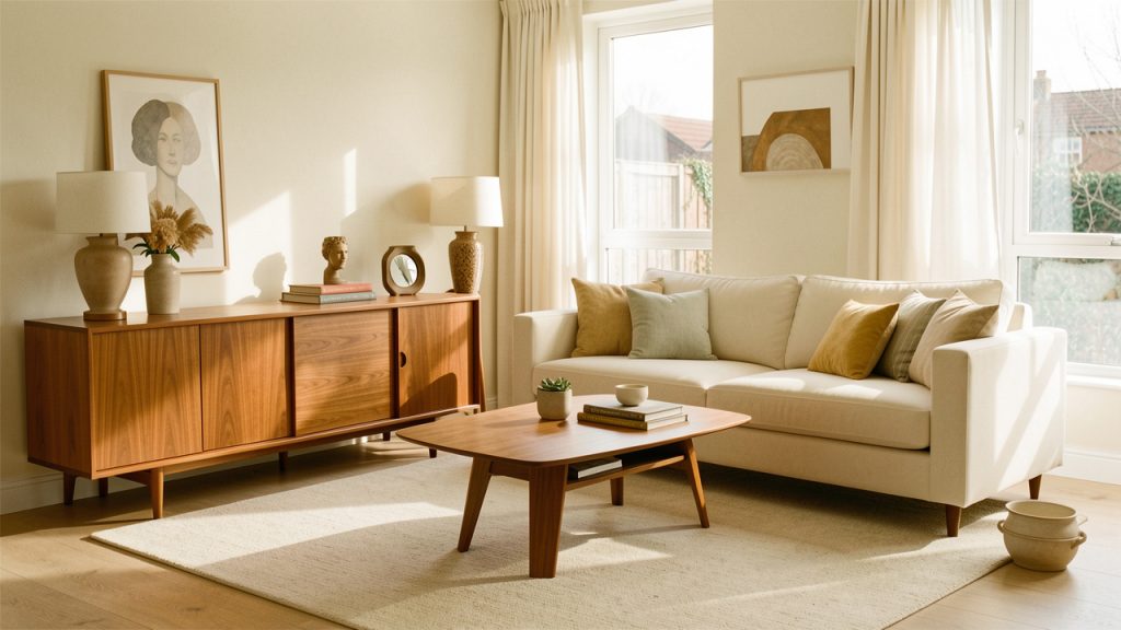 Salon rétro contemporain lumineux avec une enfilade en teck, un canapé écru moderne, un tapis uni et quelques objets chinés soigneusement espacés.
