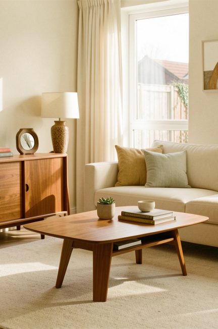 Salon rétro contemporain lumineux avec une enfilade en teck, un canapé écru moderne, un tapis uni et quelques objets chinés soigneusement espacés.