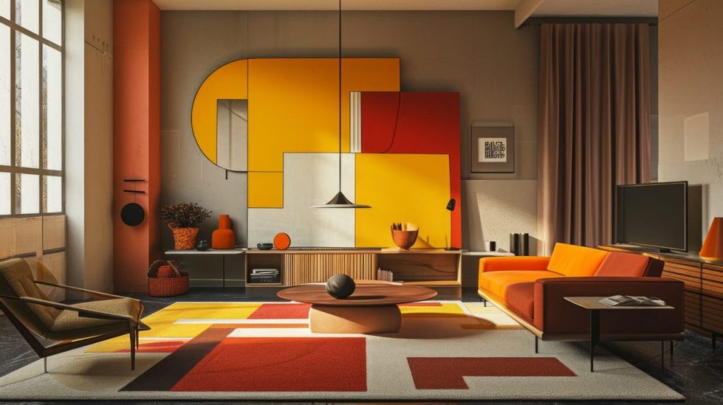 Salon inspiré du design Bauhaus avec des meubles aux formes géométriques, des couleurs primaires et des lignes épurées.