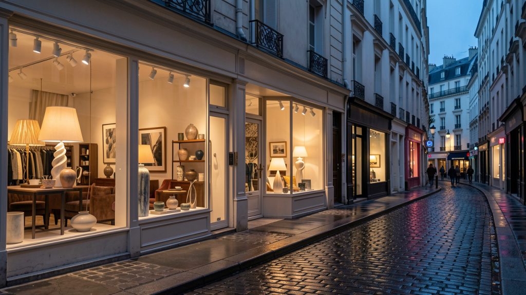 Rue parisienne du Marais bordée de boutiques de décoration aux vitrines chaleureusement éclairées, présentant du mobilier, des luminaires et des objets design.