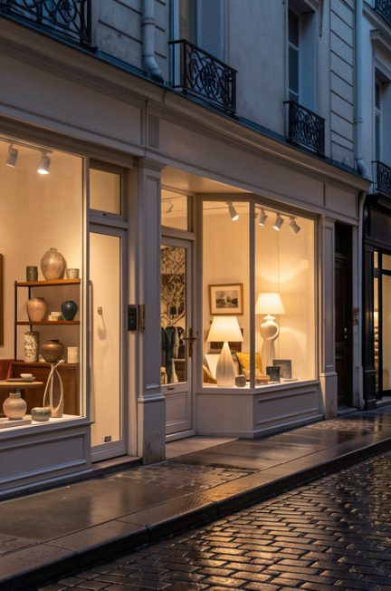 Rue parisienne du Marais bordée de boutiques de décoration aux vitrines chaleureusement éclairées, présentant du mobilier, des luminaires et des objets design.