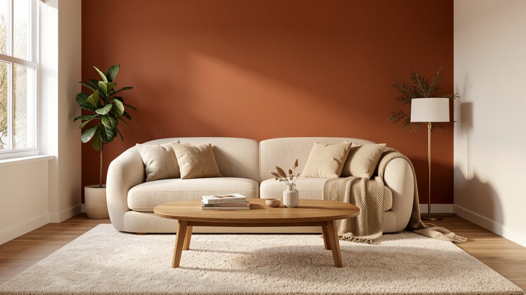 Salon lumineux et chaleureux avec un canapé beige arrondi, une table basse ovale en bois, un tapis en laine et un mur terracotta mat.