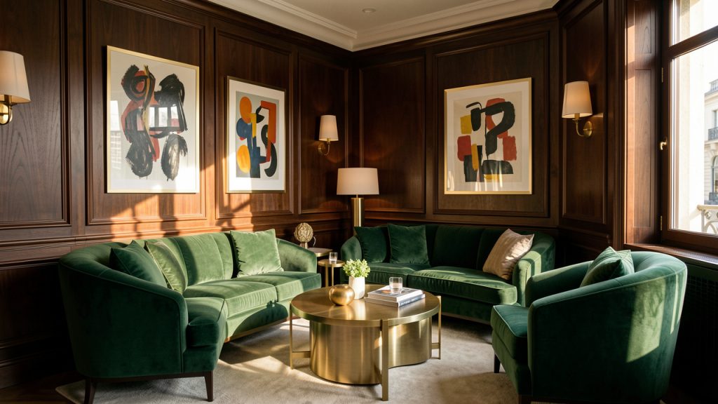 Salon parisien lumineux inspiré d’un hôtel design, avec boiseries foncées, assises en velours vert, détails en laiton et œuvres d’art abstraites.