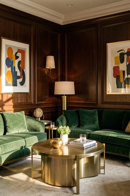 Salon parisien lumineux inspiré d’un hôtel design, avec boiseries foncées, assises en velours vert, détails en laiton et œuvres d’art abstraites.